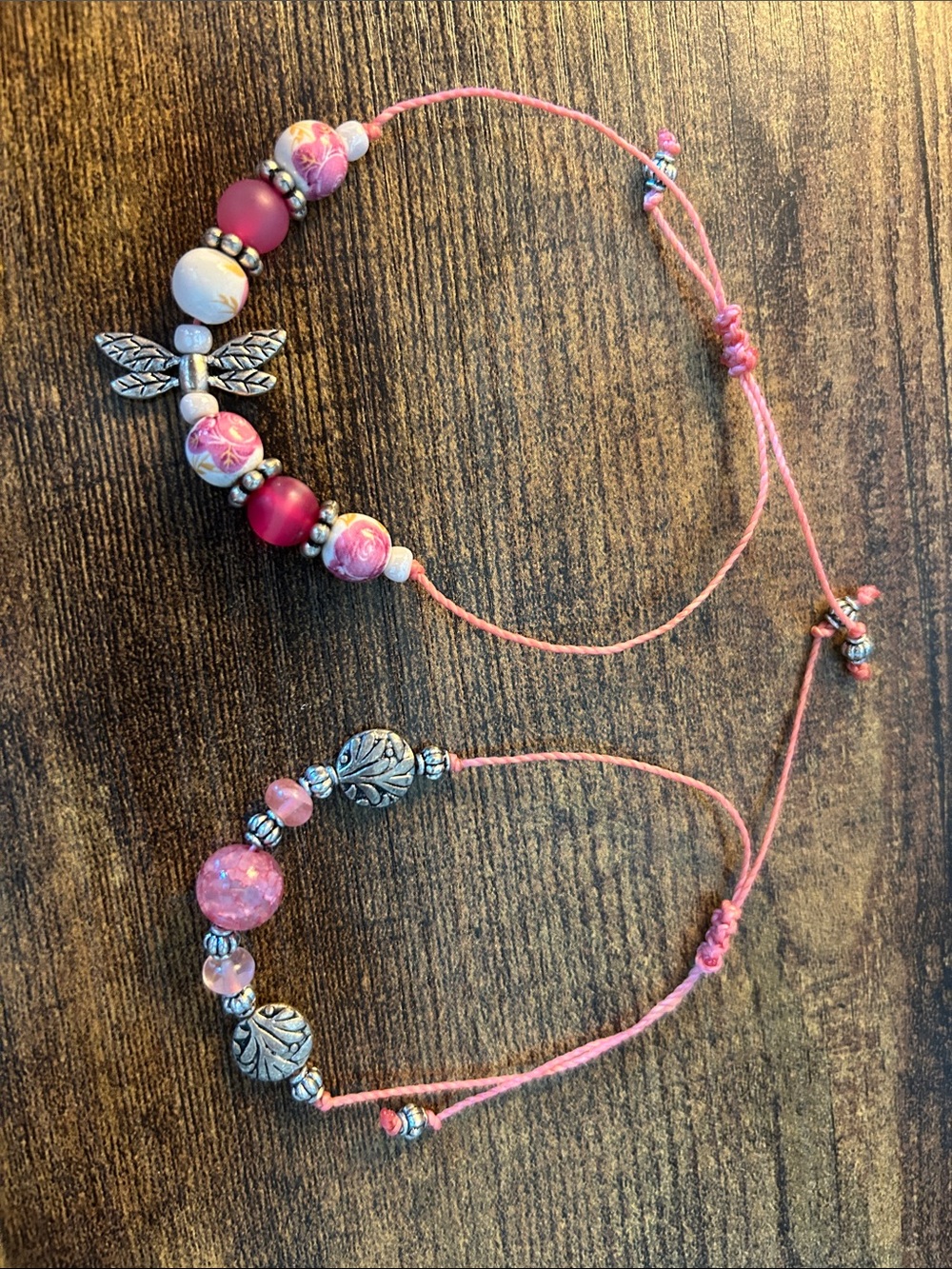 Pink Adjustable Bracelet Set with Silver Accents